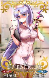 Rule 34 | 1girl, alternate costume, blue eyes, blurry, blurry background, blush, breasts, card (medium), clipboard, commentary request, craft essence (fate), dress, fate/grand order, fate (series), foxyreine, hat, heart, highres, holding, holding clipboard, holding knife, hospital, knife, long hair, looking at viewer, medea (lily) (fate), medium breasts, nail polish, nurse, nurse cap, pantyhose, parody, pink dress, pointy ears, ponytail, purple hair, purple nails, rulebreaker, short dress, smile, solo, very long hair