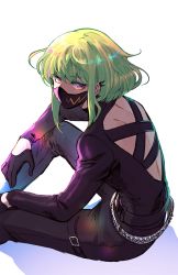 Rule 34 | 1boy, back cutout, bae (baebae), belt, black gloves, clothing cutout, earrings, from behind, gloves, green hair, half gloves, highres, jewelry, leather, leather pants, lio fotia, looking at viewer, male focus, mask, mouth mask, pants, promare, purple eyes, sitting, solo, studded belt, trap