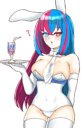 Rule 34 | 1girl, ?, alear (female) (fire emblem), alear (fire emblem), artist request, between breasts, blue eyes, blue hair, blush, bowtie, breasts, drink, facing viewer, fire emblem, fire emblem engage, heterochromia, highres, large breasts, leotard, looking at viewer, medium breasts, multicolored hair, necktie, necktie between breasts, nimal ears, nintendo, plate, rabbit ears, red eyes, red hair, simple background, solo, thighhighs, tie clip, two-tone hair, waitress, white background, white bow, white bowtie, white leotard, white necktie, white thighhighs