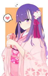 Rule 34 | 1girl, absurdres, blush, border, box, breasts, closed mouth, fate/grand order, fate (series), floral print, flower, gift, gift box, hair flower, hair ornament, hair ribbon, heart, highres, holding, holding gift, japanese clothes, kimono, long hair, long sleeves, looking at viewer, matou sakura, obi, oouna, orange background, parvati (fate), pink kimono, pink ribbon, purple eyes, purple hair, ribbon, sash, small breasts, smile, solo, spoken heart, star-shaped pupils, star (symbol), symbol-shaped pupils, upper body, valentine, white border, wide sleeves