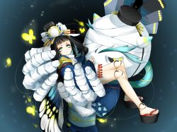 Rule 34 | bandaged hand, bandages, black hat, blonde hair, blue background, blunt bangs, bug, butterfly, butterfly wings, character request, doll joints, eyeshadow, glowing, green eyes, hands on another&#039;s face, hat, highres, hikimayu, holding, horns, insect, insect wings, joints, looking at viewer, makeup, obi, onmyoji, outstretched arms, platform clogs, platform footwear, sandals, sash, sitting, sleeves past wrists, sparkle, wings, yuki jirou