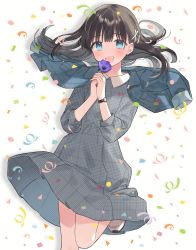Rule 34 | 1girl, :d, anemone project, blue eyes, blunt bangs, brown hair, collared dress, commentary request, confetti, dress, flower, grey dress, hair ornament, hairclip, hands up, highres, holding, holding flower, jacket, jacket on shoulders, leg up, long hair, looking at viewer, manio, moroboshi tsukina, open mouth, own hands together, pocket, purple flower, smile, solo, teeth, unmoving pattern, upper teeth only, virtual youtuber, watch, white footwear, wristwatch, x hair ornament