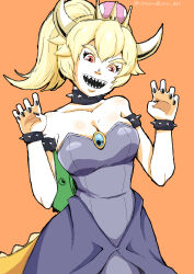 Rule 34 | 1girl, absurdres, armlet, bare shoulders, black dress, black nails, bowsette, bracelet, chromodomo, claw pose, collarbone, dress, female focus, high ponytail, highres, horns, jewelry, looking at viewer, mario (series), nail polish, new super mario bros. u deluxe, open mouth, orange background, red eyes, sharp teeth, shell, simple background, smile, spiked armlet, spiked bracelet, spikes, standing, strapless, strapless dress, super crown, tail, teeth, upper body, white horns