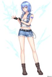 Rule 34 | &gt;:(, 1girl, adjusting clothes, adjusting gloves, aken, bandage on face, bandages, bare shoulders, belt, black footwear, black gloves, blue eyes, blue hair, blue jacket, boots, breasts, chain, cleavage, closed mouth, collarbone, cropped jacket, cutoffs, denim, denim shorts, dungeon and fighter, fingerless gloves, frown, full body, gloves, highres, jacket, jewelry, looking at viewer, medium breasts, navel, original, pendant, short shorts, shorts, sleeveless, sleeveless jacket, solo, standing, strapless, tattoo, tube top, twitter username, v-shaped eyebrows
