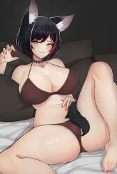 Rule 34 | 1girl, animal ear fluff, animal ears, bare legs, barefoot, black choker, black hair, blush, bra, choker, claw pose, closed mouth, feet, female pubic hair, highres, hololive, knees up, legs, looking at viewer, multicolored hair, nail polish, on bed, ookami mio, panties, pillow, pubic hair, red bra, red hair, red nails, red panties, short hair, smile, solo, streaked hair, tail, toenail polish, toenails, toes, underwear, underwear only, varniskarnis, virtual youtuber, wolf ears, wolf tail, yellow eyes