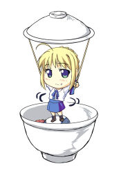 Rule 34 | 00s, artoria pendragon (all), artoria pendragon (fate), blouse, bowl, chibi, chibi only, eiken (studio), emiya shirou, fate/stay night, fate (series), food, food on face, in bowl, in container, lowres, saber (fate), sazae-san, shirt, solo