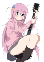Rule 34 | 1girl, black socks, blue eyes, blush, bocchi the rock!, breasts, closed mouth, cube hair ornament, electric guitar, furuyama itaru, gotoh hitori, grey skirt, guitar, hair ornament, instrument, jacket, kneehighs, long hair, long sleeves, looking at viewer, lying, on side, one side up, pink hair, pink jacket, simple background, skirt, small breasts, socks, solo, track jacket, v-shaped eyebrows, very long hair, white background
