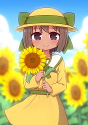 Rule 34 | 1girl, blue sky, blurry, blurry background, blush, bow, brown dress, brown eyes, brown hair, brown hat, closed mouth, cloud, dark-skinned female, dark skin, day, depth of field, dress, field, flower, flower field, green bow, hat, hat bow, highres, holding, holding flower, long sleeves, naga u, outdoors, razzy, short hair, sky, smile, solo, summon night, summon night: swordcraft story, sun hat, sunflower, sunflower field, yellow flower