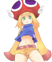 Rule 34 | 1girl, :o, amitie (puyopuyo), bad id, bad pixiv id, blonde hair, breasts, from below, green eyes, hat, long sleeves, madou monogatari, midriff, navel, nekomatagi, no nose, open mouth, puyopuyo, puyopuyo fever, short hair, short shorts, shorts, simple background, sleeves past wrists, small breasts, solo, underboob, white background
