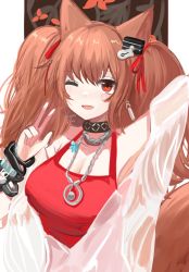 Rule 34 | 1girl, ;d, angelina (arknights), angelina (summer flower) (arknights), animal ears, arknights, arm up, armpits, bare shoulders, black choker, blue sealad, breasts, brown hair, chain necklace, choker, cleavage, commentary request, fox ears, fox tail, hand up, highres, infection monitor (arknights), jewelry, large breasts, long hair, looking at viewer, necklace, off shoulder, official alternate costume, one-piece swimsuit, one eye closed, open mouth, red eyes, red one-piece swimsuit, smile, solo, swimsuit, tail, twintails, upper body, w