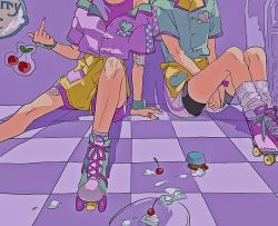 2boys brothers cherry cupcake food fruit male_focus middle_finger multiple_boys nail_polish paradox_live purple_background roller_skates shirota69 siblings sitting skates sketch twins yatonokami_kanata yatonokami_nayuta