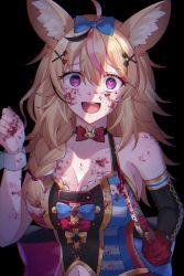 Rule 34 | 1girl, ahoge, animal ears, black background, blonde hair, blood, blood on clothes, blood on face, blood splatter, bloody knife, bow, bowtie, braid, breasts, chromatic aberration, cleavage, clothing cutout, collarbone, fox ears, hair ornament, hair over shoulder, hairclip, hand up, heart, heart-shaped pupils, highres, holding, holding knife, hololive, knife, large breasts, looking at viewer, messy hair, navel, navel cutout, omaru polka, omaru polka (1st costume), open mouth, ryu.o, smile, solo, symbol-shaped pupils, virtual youtuber, wide-eyed, wrist cuffs, yandere