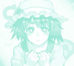 Rule 34 | 1girl, :&lt;, aouma, aqua theme, bad drawr id, bad id, blush, clenched hands, drawr, eyebrows, face, frown, green theme, hat, looking at viewer, monochrome, oekaki, ringed eyes, shiina mayuri, short hair, solo, steins;gate, turquoise (color)