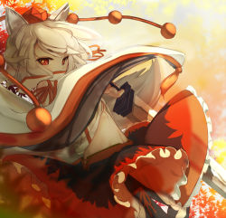 Rule 34 | 1girl, animal ears, bare shoulders, black skirt, breasts, covered mouth, cowboy shot, crop top, cropped shirt, detached sleeves, frilled skirt, frills, from side, hand up, hat, high collar, highres, holding, holding sword, holding weapon, inubashiri momiji, japanese clothes, leaf, long skirt, looking at viewer, maple leaf, midriff, multicolored clothes, multicolored skirt, namatyaba, no bra, pants, pants under skirt, red eyes, red ribbon, red skirt, ribbon, shirt, short hair, skirt, small breasts, solo, stomach, sword, tokin hat, touhou, underboob, weapon, white hair, wide sleeves, wolf ears
