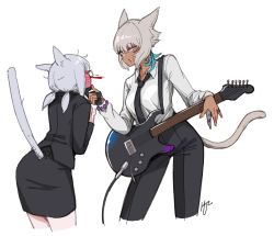 Rule 34 | 2girls, absurdres, animal ears, artist self-insert, blood, blush, breasts, cat ears, cat tail, cropped legs, dark-skinned female, dark skin, facial mark, feather hair ornament, feathers, final fantasy, final fantasy xiv, formal, full-face blush, gloves, grey eyes, grey hair, guitar, hair ornament, high-waist pants, highres, hjz (artemi), instrument, jacket, jewelry, looking at another, medium breasts, miqo&#039;te, multiple girls, neck tattoo, necktie, nosebleed, pants, partially fingerless gloves, ring, shirt, short hair, skirt, skirt suit, suit, suit jacket, tail, tattoo, warrior of light (ff14), whisker markings, white background, white hair, white shirt, y&#039;shtola rhul