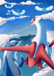 altaria antennae bird claws closed_mouth cloud creatures_(company) flying game_freak gen_3_pokemon latias latios legendary_pokemon lustanjo nintendo pelipper pokemon pokemon_(creature) red_eyes sky smile swablu wings wingull yellow_eyes