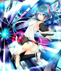 Rule 34 | 1girl, ass, barefoot, belt, blue eyes, blue hair, bridal gauntlets, elbow gloves, fingerless gloves, gloves, hatsune miku, hatsune miku (append), kitamuraeri, long hair, looking at viewer, looking back, matching hair/eyes, necktie, open mouth, smile, solo, twintails, very long hair, vocaloid, vocaloid append
