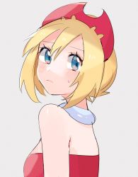 Rule 34 | 1girl, bad id, bad twitter id, blonde hair, blue eyes, blush, breasts, closed mouth, collar, commentary request, creatures (company), eyelashes, game freak, grey background, hair between eyes, hairband, highres, irida (pokemon), looking back, nintendo, pokemon, pokemon legends: arceus, red hairband, red shirt, ririmon, shirt, short hair, simple background, sketch, solo, sweatdrop, upper body
