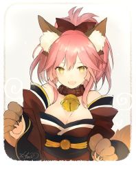 Rule 34 | 10s, 1girl, :d, animal ear fluff, animal ears, animal hands, bare shoulders, bell, blush, bow, breasts, brown gloves, cleavage, collar, detached sleeves, fang, fate/extra, fate (series), fox ears, fox tail, gloves, gradient background, hair bow, japanese clothes, jingle bell, kimono, long hair, long sleeves, looking at viewer, lpip, medium breasts, medium hair, no pupils, obi, open mouth, paw gloves, pink hair, ponytail, red bow, red kimono, sash, signature, smile, solo, strapless, tail, tamamo (fate), tamamo cat (fate), tamamo cat (first ascension) (fate), tamamo no mae (fate/extra), upper body, yellow eyes
