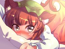 Rule 34 | 1girl, animal ears, blush, brown eyes, brown hair, cat ears, cat tail, chen, commentary, covering own mouth, dress, ear piercing, earrings, hat, jewelry, long sleeves, looking at viewer, lying, mob cap, multiple tails, nekomata, on stomach, piercing, pillow, red dress, single earring, solo, tail, touhou, volcano (artist), volcano (liao)