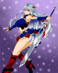 Rule 34 | 1girl, ahoge, artist request, ass, black footwear, blue cape, blue skirt, boots, breasts, cape, detached sleeves, eleonora viltaria, gloves, hair between eyes, hair ornament, highres, holding, holding sword, holding weapon, large breasts, leg up, long hair, madan no ou to vanadis, midriff, miniskirt, panties, red eyes, red gloves, silver hair, skirt, solo, sword, thigh boots, thighhighs, underwear, very long hair, weapon