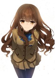 Rule 34 | 1girl, arms behind back, artist request, blue bow, bow, breasts, brown eyes, brown hair, brown jacket, brown skirt, buttons, closed mouth, commentary request, fate/extra, fate (series), floating hair, hair between eyes, jacket, kishinami hakuno (female), leaning forward, long hair, looking at viewer, medium breasts, miniskirt, pantyhose, school uniform, simple background, skirt, smile, solo, tsukumihara academy uniform (fate/extra), uniform, white background