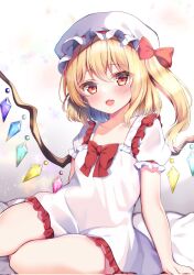 Rule 34 | 1girl, :d, alternate costume, arm support, blonde hair, blush, bow, bowtie, breasts, collarbone, commentary request, crystal, dress, fang, flandre scarlet, floral background, gradient background, hair bow, happy, hat, highres, long hair, medium hair, mob cap, one side up, open mouth, petite, puffy short sleeves, puffy sleeves, red bow, red bowtie, red eyes, shirotsuki shirone, short sleeves, simple background, sitting, skin fang, small breasts, smile, solo, thighs, touhou, white background, white dress, wings, yokozuwari