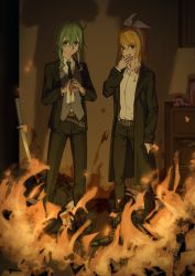 Rule 34 | 2girls, ahoge, belt, black jacket, black necktie, black pants, blonde hair, blood, blood on clothes, blood on face, blood on wall, blue eyes, bow, bow hairband, cabinet, covering own mouth, dress pants, dress shirt, expressionless, fire, formal, green eyes, green hair, grey vest, gumi, gun, hair bow, hairband, hand over own mouth, highres, holding, holding gun, holding towel, holding weapon, indoors, jacket, kagamine rin, katana, lapels, looking at viewer, multiple girls, necktie, notched lapels, pants, shadow, shirt, short hair with long locks, sidelocks, standing, suit, sword, towel, vest, vocaloid, weapon, white bow, white shirt, wiping hands, wounds404