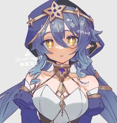 Rule 34 | bare shoulders, blue hair, blue hood, blue sleeves, blush, bright pupils, commentary, detached sleeves, diadem, drill hair, drill sidelocks, ear ornament, genshin impact, gold trim, hair between eyes, jewelry, juliet sleeves, layla (genshin impact), long sleeves, low twintails, necklace, parted lips, pointy ears, puffy sleeves, sidelocks, twintails, white pupils, yayoripain, yellow eyes