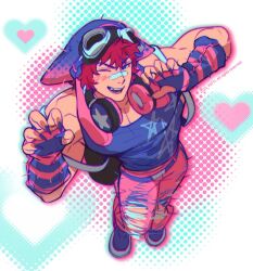 Rule 34 | 1boy, bara, beanie, bibi (tokoyami towa), claw pose, fingernails, from above, full body, goggles, goggles on head, hat, heart, heart background, league of legends, looking at viewer, male focus, muscular, muscular male, one eye closed, pants, pectoral cleavage, pectorals, pink pants, red hair, scar, scar on face, scar on nose, sett (league of legends), sharp fingernails, short hair, smile, solo, thick eyebrows, torn clothes, torn pants, yotti