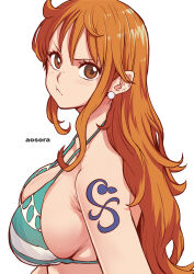 Rule 34 | 1girl, :t, aosora2823, bikini, breasts, brown eyes, closed mouth, earrings, from side, green bikini, highres, jewelry, large breasts, long hair, looking at viewer, looking to the side, nami (one piece), one piece, orange hair, pearl earrings, pout, shoulder tattoo, simple background, solo, strap gap, swimsuit, tattoo, upper body, v-shaped eyebrows, very long hair, wavy hair, white background