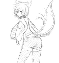 1girl animal_ears breasts female_focus monochrome muki_home scarf skirt solo tail white_background