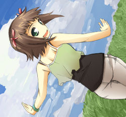 Rule 34 | 00s, 1girl, amami haruka, back, brown hair, camisole, cloud, crop top, day, denim, from behind, green eyes, hair ribbon, idolmaster, idolmaster (classic), idolmaster 1, jeans, looking back, outdoors, outstretched arms, pants, ribbon, short hair, sky, smile, solo, spread arms, takamura kazuha
