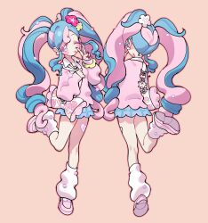 Rule 34 | 1girl, bag, blue hair, blue skirt, blush, bomhat, character doll, clefairy, closed mouth, collared shirt, commentary, creatures (company), eyelashes, fairy miku (project voltage), flower, game freak, gen 1 pokemon, hair flower, hair ornament, hatsune miku, highres, leg up, leg warmers, long hair, multiple views, nintendo, pink flower, pink footwear, pink hair, pink sweater, pokemon, project voltage, scrunchie, shirt, shoes, skirt, smile, sweater, symbol-only commentary, tongue, tongue out, twintails, v, vocaloid, white shirt, wrist scrunchie