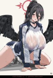 Rule 34 | 1girl, black hair, black wings, blue archive, blue jacket, blue shorts, blush, breasts, choker, club3, collarbone, feathered wings, hair between eyes, halo, hasumi (blue archive), hasumi (track) (blue archive), high ponytail, highres, huge breasts, jacket, long hair, long sleeves, looking at viewer, low wings, mole, mole under eye, red eyes, shirt, short shorts, shorts, solo, sweat, thighs, very long hair, white shirt, wings