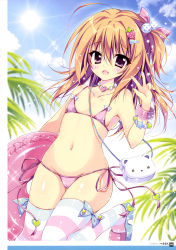 Rule 34 | 1girl, :d, absurdres, ahoge, animal bag, artist name, ass, bag, bare shoulders, bear bag, bikini, blue bow, blue footwear, blue sky, blush, body blush, bow, bow bikini, bow legwear, bracelet, breasts, cameltoe, cloud, collarbone, day, dengeki moeou, eyes visible through hair, fang, food-themed hair ornament, framed image, frilled innertube, frills, gluteal fold, groin, hair between eyes, hair bobbles, hair bow, hair ornament, hairclip, hand up, heart, heart necklace, herurun, highres, holding, holding swim ring, innertube, jewelry, light brown hair, micro bikini, multicolored footwear, multicolored stripes, navel, necklace, official art, one side up, open mouth, original, outdoors, page number, palm tree, pigeon-toed, pink bikini, pink bow, pink bracelet, pink eyes, pink footwear, pink frills, pink innertube, sandals, scan, shoulder bag, side-tie bikini bottom, skin fang, skindentation, sky, small breasts, smile, solo, sparkle, standing, standing on one leg, star (symbol), star bracelet, strawberry hair ornament, striped bow, striped clothes, striped thighhighs, sun, swim ring, swimsuit, themed object, thigh gap, thighhighs, tongue, tree, v, white bag, white bow, white stripes