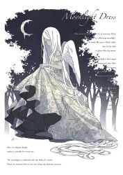Rule 34 | 1girl, absurdly long hair, absurdres, angel wings, crescent moon, dress, english text, feathered wings, full body, greyscale, highres, long hair, looking at viewer, monochrome, moon, night, night sky, original, print dress, skirt hold, sky, solo, star (sky), starry sky, tree, very long hair, wings, yuge kemuri