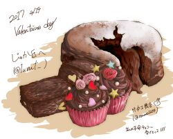 Rule 34 | cake, chocolate cake, cupcake, flower, food, food focus, heart, highres, no humans, original, pink flower, red flower, star (symbol), still life, takenakakoumutenn, valentine