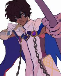 Rule 34 | 1boy, aiming, aiming at viewer, arjuna (fate), blue cape, bow (weapon), brown eyes, brown hair, cape, closed mouth, dark-skinned male, dark skin, ebanoniwa, fate/grand order, fate (series), gloves, hair between eyes, highres, holding, holding bow (weapon), holding weapon, looking at viewer, male focus, short hair, simple background, solo, weapon, white background, white gloves