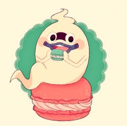 Rule 34 | 10s, black eyes, blush, food, food focus, ghost, holding, macaron, no humans, open mouth, oversized object, pibacocoa, purple lips, simple background, solo, traditional youkai, whisper (youkai watch), youkai watch