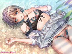 Rule 34 | 1girl, artist name, asakura toru, bare shoulders, bikini, bikini under clothes, black bikini, black necktie, blue eyes, blue hair, blurry, blurry foreground, blush, breasts, brown bikini, clothes lift, collarbone, commentary request, cowboy shot, day, dress shirt, earrings, fingernails, floral print, from above, front-tie bikini top, front-tie top, gradient hair, grey skirt, hands up, heart, highres, idolmaster, idolmaster shiny colors, jewelry, layered bikini, looking at viewer, lying, medium breasts, miniskirt, momo-chan atakku, multicolored hair, necktie, off shoulder, on back, open clothes, open shirt, outdoors, palm leaf, parted lips, partially submerged, plaid, plaid skirt, purple hair, school uniform, shallow water, shirt, short hair, side-tie bikini bottom, skirt, skirt lift, sleeves past elbows, sleeves pushed up, solo, strap slip, swimsuit, two-tone hair, water, water drop, wet, wet clothes, wet hair, wet shirt, wet skirt, white shirt