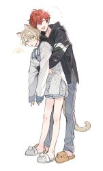 Rule 34 | 2boys, amagi hiiro, animal ears, bear slippers, blonde hair, buttons, cat boy, cat ears, cat tail, choker, closed eyes, collared shirt, commentary, ensemble stars!, full body, green eyes, hood, hood down, hug, hug from behind, jacket, long sleeves, male focus, multiple boys, open mouth, red hair, seuga, shiratori aira (ensemble stars!), shirt, short hair, shorts, simple background, slippers, standing, tail, teeth, upper teeth only, white background, yaoi, zipper