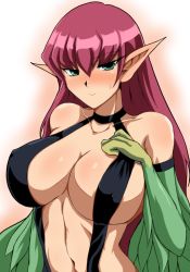 Rule 34 | 1girl, blush, breasts, collarbone, covered erect nipples, duel monster, feathered wings, feathers, gradient background, green eyes, green feathers, green wings, hair between eyes, halterneck, harpie lady, harpie lady 1, harpy, kairi (fotune), large breasts, long hair, looking at viewer, monster girl, navel, pointy ears, red hair, solo, upper body, white background, winged arms, wings, yu-gi-oh!, yu-gi-oh! duel monsters