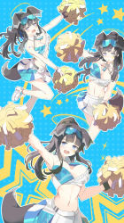 Rule 34 | 1girl, animal ears, arm up, bare shoulders, black hair, blue archive, blue background, blue eyes, blush, breasts, cheering, cheerleader, commentary, dog tail, half-closed eyes, hand up, hibiki (blue archive), hibiki (cheer squad) (blue archive), highres, midriff, millennium cheerleader outfit (blue archive), momiji oroshi, navel, open mouth, pom pom (cheerleading), skirt, smile, star (symbol), starry background, tail, visor cap