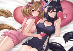 Rule 34 | 2girls, alternate costume, ass, black hair, blue eyes, blush, bob cut, bow, box, box of chocolates, breasts, cleavage, cleavage cutout, closed mouth, clothing cutout, ear ornament, eishin flash (umamusume), hair bow, hair ornament, hairclip, heart-shaped box, heart cutout, horse girl, horse tail, large breasts, lying, meme attire, multiple girls, on back, on bed, pink sweater, revision, smart falcon (umamusume), smile, sweater, tail, umamusume, valentine, virgin killer sweater, vococo, yellow eyes