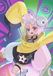 Rule 34 | 1girl, 2 u2i, absurdres, blush, boots, character hair ornament, commentary request, creatures (company), game freak, green hair, grey footwear, grey pantyhose, grey shirt, hair ornament, highres, iono (pokemon), jacket, long hair, looking at viewer, nintendo, open mouth, pantyhose, pink hair, pokemon, pokemon sv, shirt, single leg pantyhose, sleeveless, sleeveless shirt, sleeves past fingers, sleeves past wrists, solo, star (symbol), star print, teeth, tongue, twintails, upper teeth only, yellow jacket