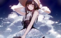 Rule 34 | 1girl, atha (leejuiping), black hair, blunt bangs, blurry, blurry background, braid, brown eyes, cloud, day, dress, frilled dress, frills, hair ornament, hairclip, hand on headwear, hat, highres, long hair, original, outdoors, sleeveless, sleeveless dress, smile, solo, sun hat, upper body