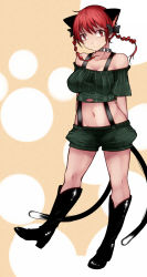 Rule 34 | 1girl, animal ears, aoshima, bare shoulders, boots, bow, braid, breasts, cat ears, cat tail, collar, collarbone, commentary request, crop top, extra ears, full body, hair bow, highres, kaenbyou rin, knee boots, large breasts, looking at viewer, midriff, multiple tails, navel, red eyes, red hair, shorts, smile, solo, suspenders, tail, thighs, touhou, twin braids, two tails