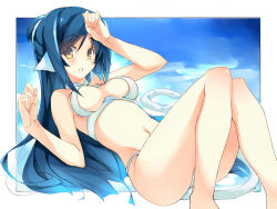Rule 34 | 1girl, absurdly long hair, animal ears, aquaplus, arm up, ass, bare arms, bare legs, bare shoulders, barefoot, bikini, black hair, blush, breasts, cat girl, cat tail, covered erect nipples, from side, full body, gradient eyes, gradient hair, hair between eyes, high ponytail, highres, knees together feet apart, knees up, kuon (utawarerumono), legs together, long hair, looking at viewer, lying, medium breasts, midriff, multicolored eyes, multicolored hair, narumiya (empty cafe), navel, nipples, on back, open mouth, orange eyes, panties, pantyshot, parted bangs, ponytail, raised eyebrows, sidelocks, solo, swept bangs, swimsuit, tail, thick thighs, thighs, toned, toned female, underwear, utawarerumono, utawarerumono: itsuwari no kamen, very long hair, white bikini, white tail, yellow eyes