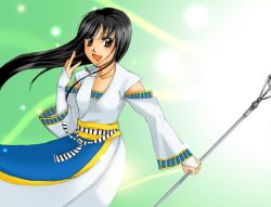 Rule 34 | 1girl, :d, bad anatomy, black hair, blush, brown eyes, detached sleeves, floating hair, gensou suikoden, gensou suikoden i, gensou suikoden ii, green background, holding, light rays, long sleeves, open mouth, polearm, poorly drawn, simple background, smile, solo, staff, viki, viki (suikoden), weapon, wind